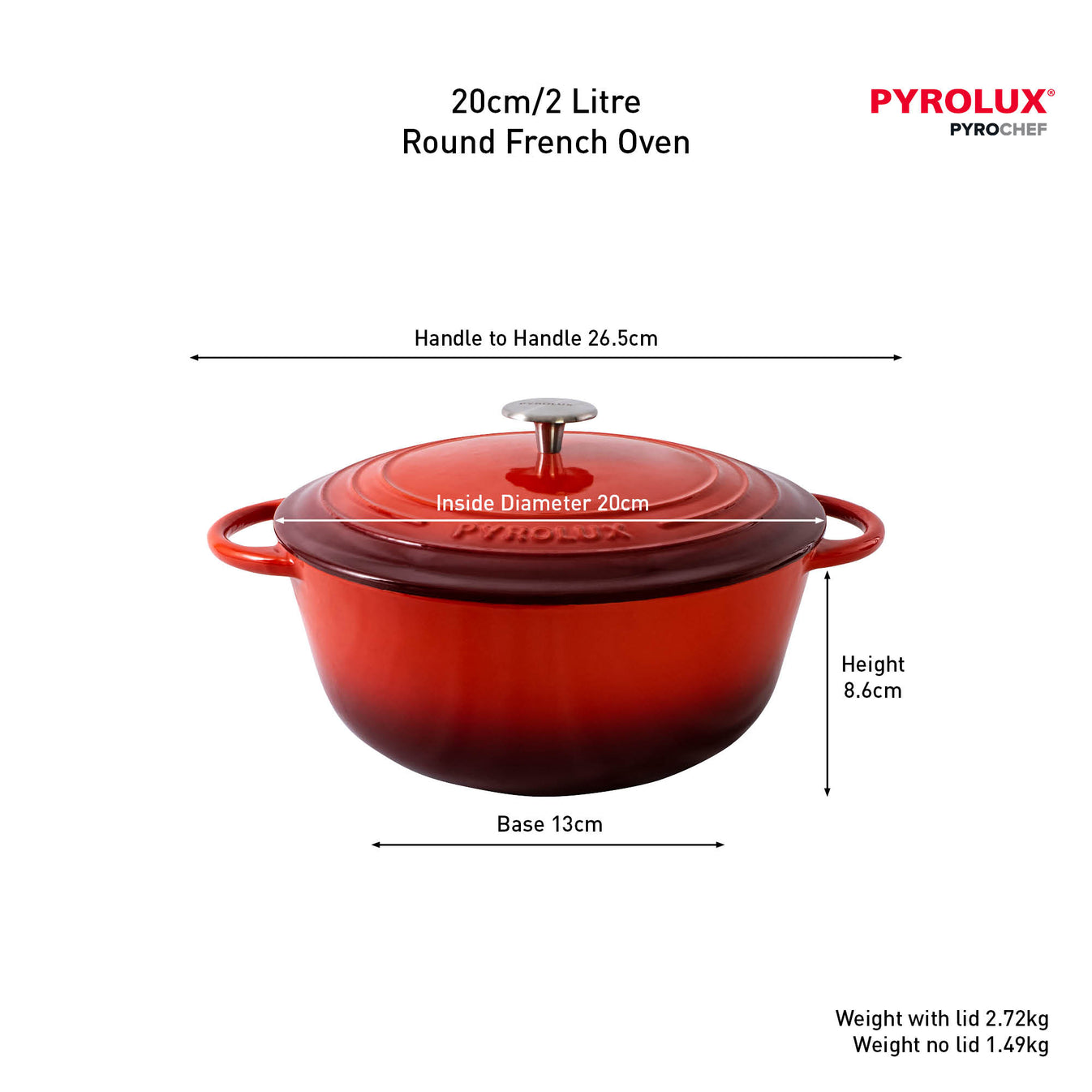 Pyrolux PYROCHEF Round French Oven Chilli Red 20cm/2L